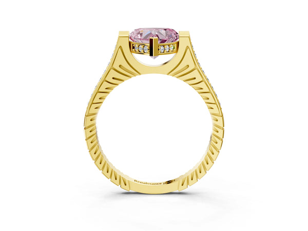 Yellow gold Fancy Pink Heart  Solitaire Diamond Ring with Channel Set Band and Bezel Prong Setting