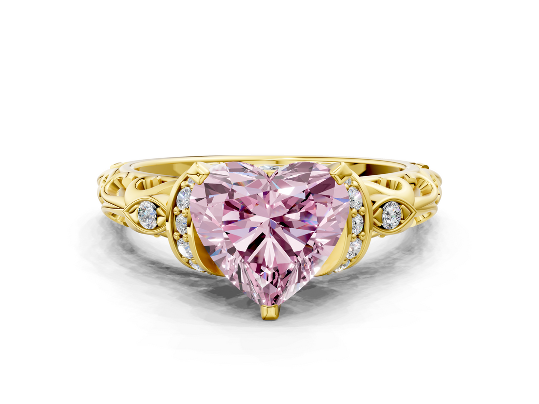 Yellow gold Fancy Pink Heart  Solitaire Diamond Ring with Filigree Band and Four-Prong Setting_45