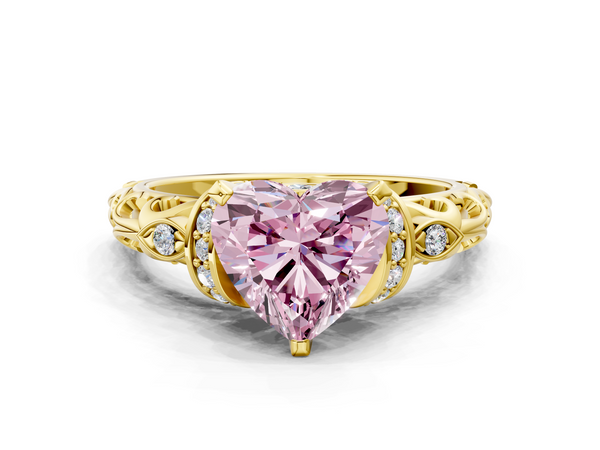 Yellow gold Fancy Pink Heart Cut Diamond Solitaire Ring with Filigree Band and Four-Prong Setting