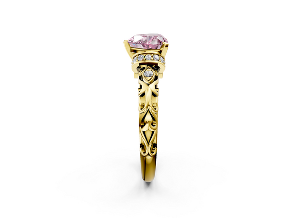 Yellow gold Fancy Pink Heart Cut Diamond Solitaire Ring with Filigree Band and Four-Prong Setting
