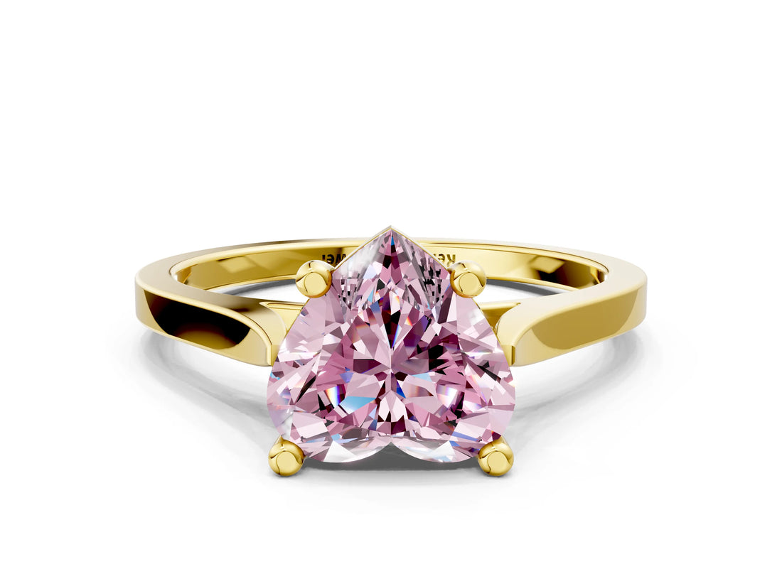 Yellow gold Fancy Pink Heart  Solitaire Diamond Ring with Four-Prong Setting and Tapered Band