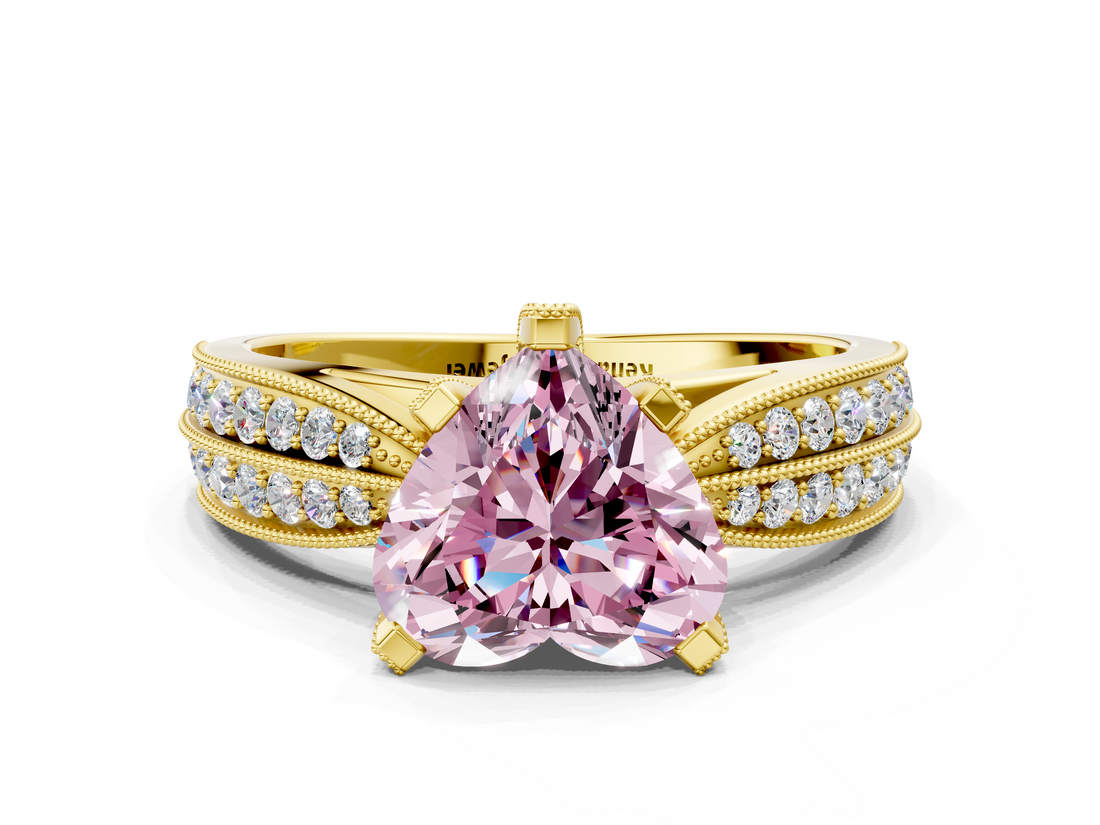 Yellow gold Fancy Pink Heart  Solitaire Diamond Ring with Milgrain Pavé Band and Four-Prong Setting_20
