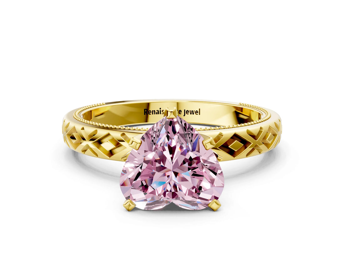 Yellow gold Fancy Pink Heart  Solitaire Diamond Ring with Milgrain and Black Enamel X Pattern Band_65