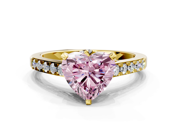 Yellow gold Fancy Pink Heart  Diamond Solitaire Ring with Pavé Band and Prong Setting