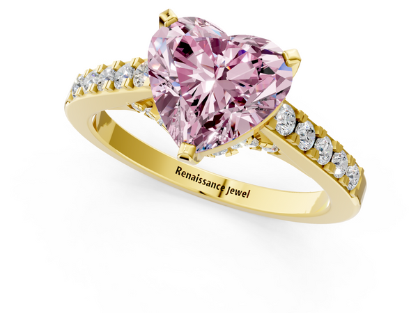 Yellow gold Fancy Pink Heart  Diamond Solitaire Ring with Pavé Band and Prong Setting