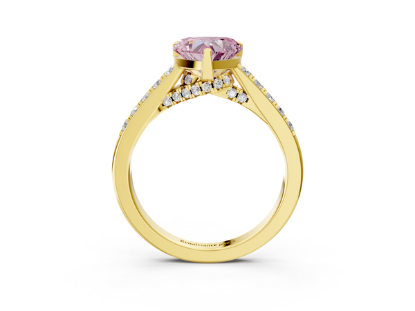 Yellow gold Fancy Pink Heart  Diamond Solitaire Ring with Pavé Band and Prong Setting
