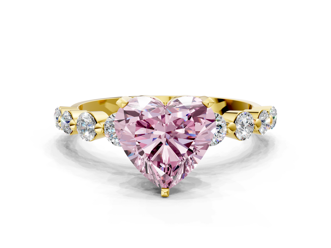 Yellow gold Fancy Pink Heart  Solitaire Diamond Ring with Pave Band and Four-Prong Setting_253