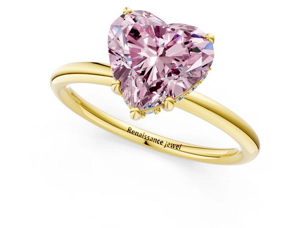Yellow gold Fancy Pink Heart  Solitaire Diamond Ring with a Classic Band and Four-Prong Setting