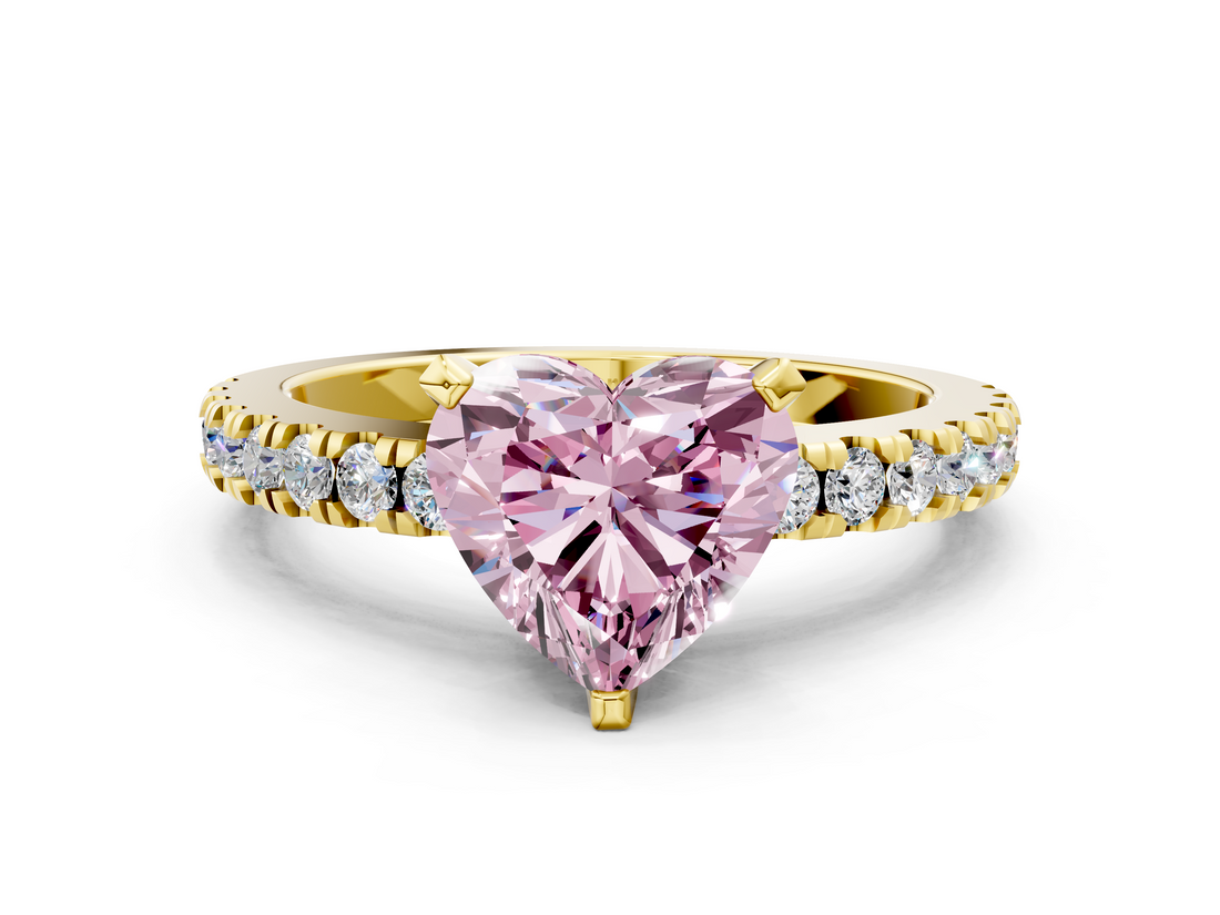 Yellow gold Fancy Pink Heart  Solitaire Diamond with Pavé Band and Four-Prong Setting_52