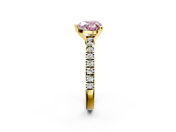 Yellow gold Fancy Pink Heart  Solitaire Diamond with Pavé Band and Four-Prong Setting