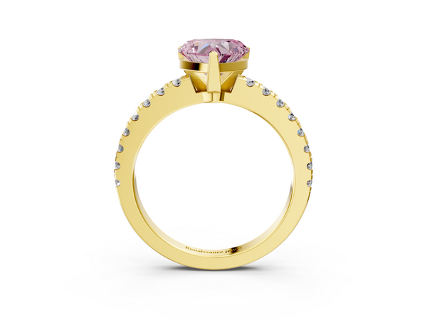 Yellow gold Fancy Pink Heart  Solitaire Diamond with Pavé Band and Four-Prong Setting