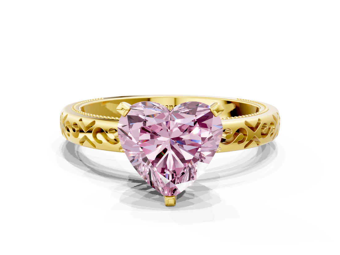 Yellow gold Fancy Pink Heart  Solitaire Engagement Ring with Scrollwork Band and Four-Prong Setting_150