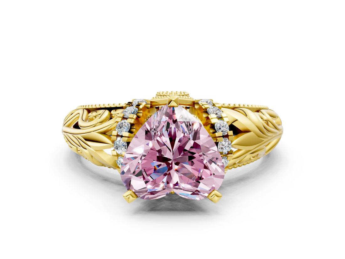 Yellow gold Fancy Pink Heart  Solitaire Filigree Engagement Ring with Halo and Prong Setting_68