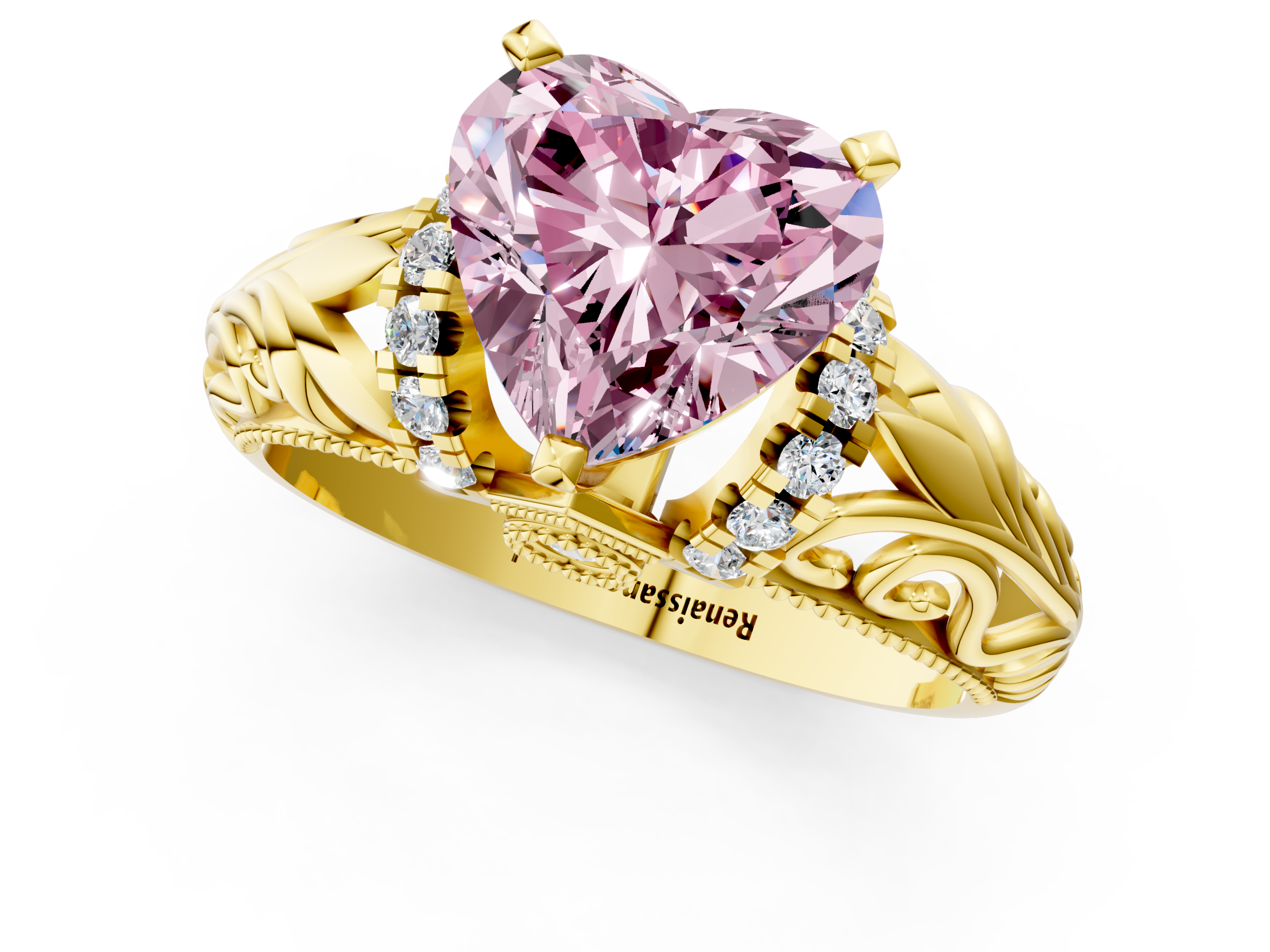 Yellow gold Fancy Pink Heart  Solitaire Filigree Engagement Ring with Halo and Prong Setting_69