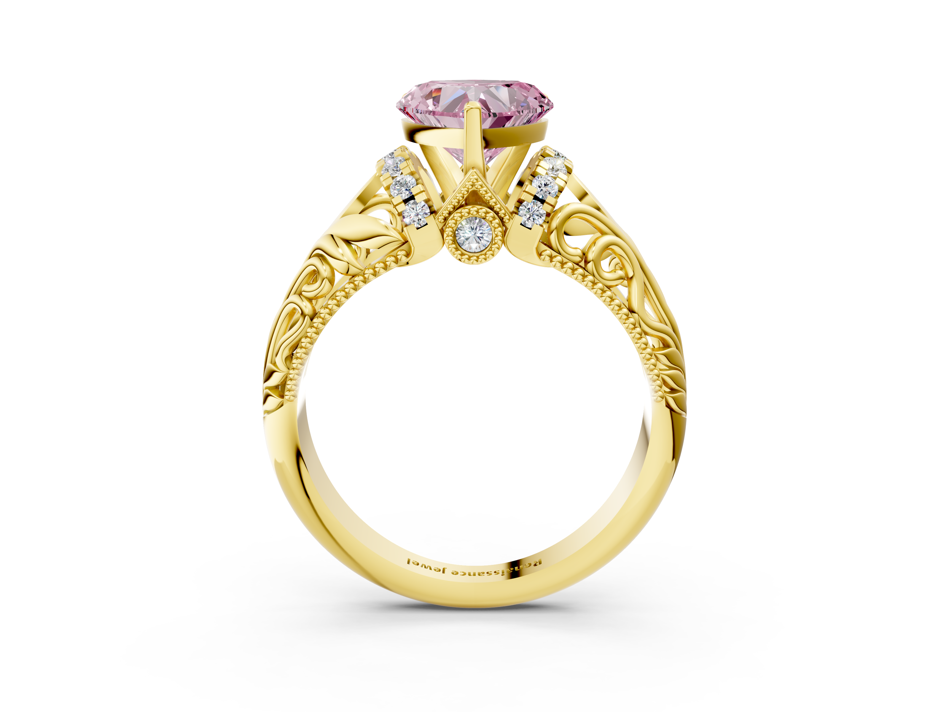 Yellow gold Fancy Pink Heart  Solitaire Filigree Engagement Ring with Halo and Prong Setting_71
