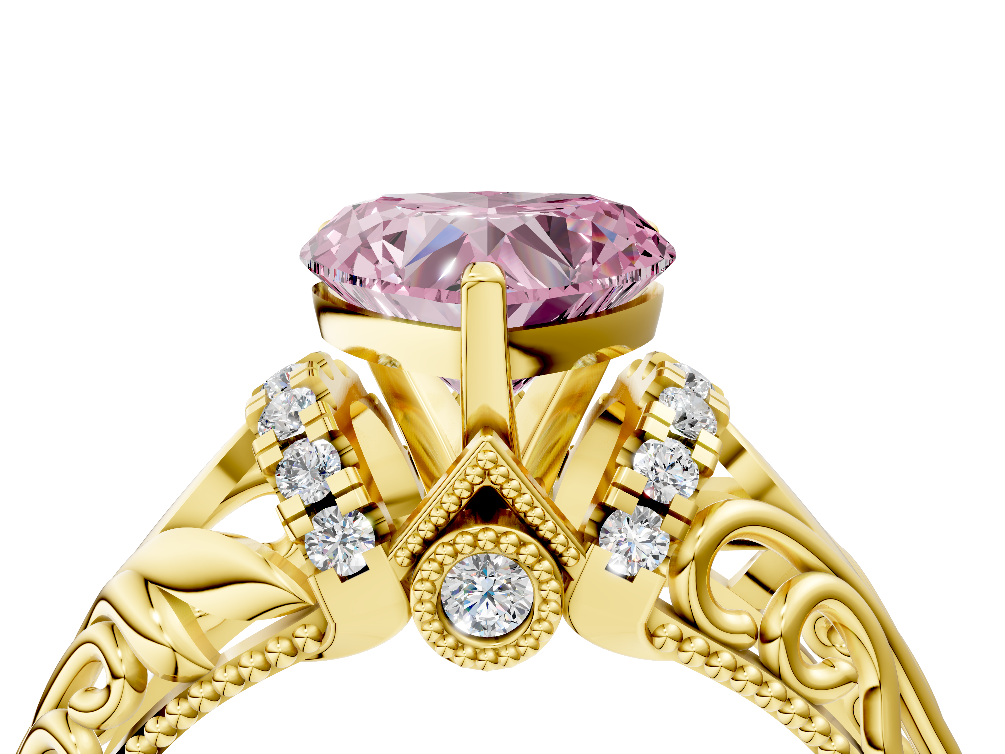 Yellow gold Fancy Pink Heart  Solitaire Filigree Engagement Ring with Halo and Prong Setting_72