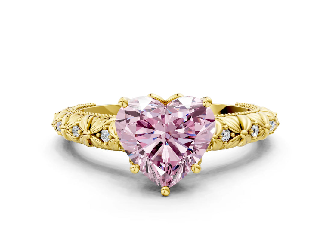 Yellow gold Fancy Pink Heart  Solitaire Floral Milgrain Engagement Ring_28