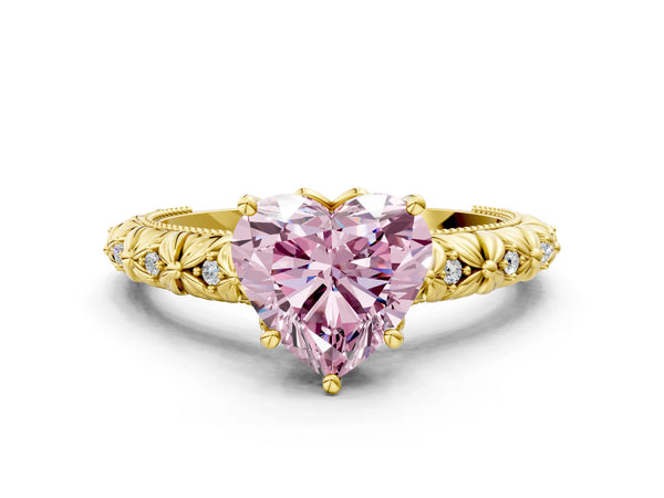Yellow gold Fancy Pink Heart  Solitaire Floral Milgrain Engagement Ring