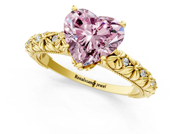 Yellow gold Fancy Pink Heart  Solitaire Floral Milgrain Engagement Ring
