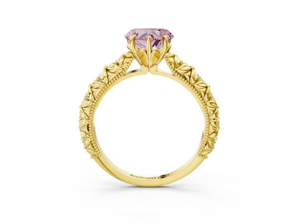 Yellow gold Fancy Pink Heart  Solitaire Floral Milgrain Engagement Ring