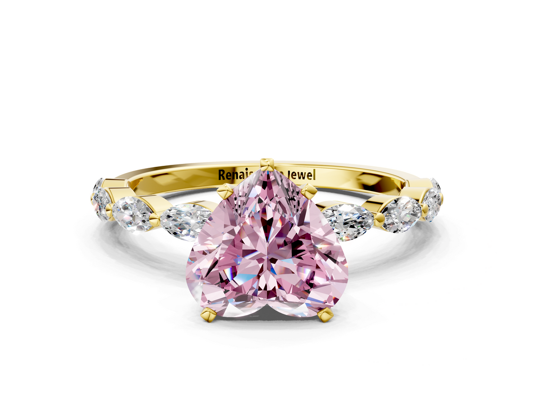 Yellow gold Fancy Pink Heart  Solitaire Marquise Side Stone Prong Setting Ring_44