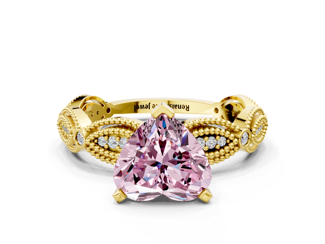 Yellow gold Fancy Pink Heart  Solitaire Milgrain Diamond Engagement Ring with Bezel and Marquise Band_129