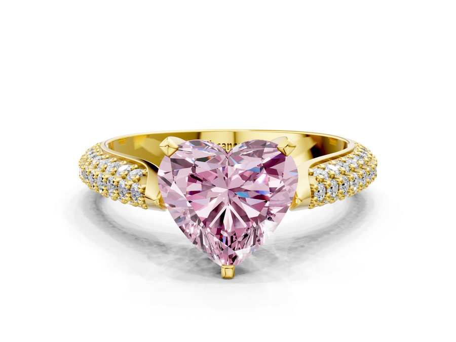 Yellow gold Fancy Pink Heart  Diamond Solitaire Engagement Ring with Pavé Band and Four-Prong Setting