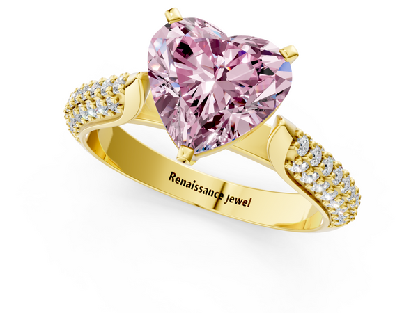 Yellow gold Fancy Pink Heart  Diamond Solitaire Engagement Ring with Pavé Band and Four-Prong Setting