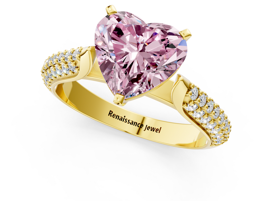 Yellow gold Fancy Pink Heart  Diamond Solitaire Engagement Ring with Pavé Band and Four-Prong Setting