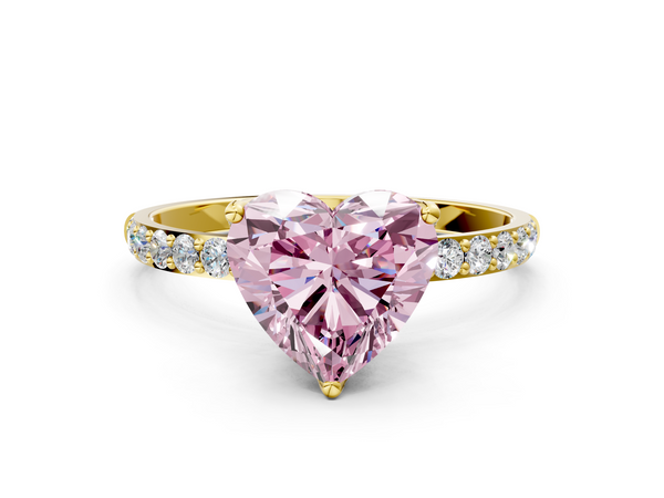 Yellow gold Fancy Pink Heart Cut Diamond Solitaire Engagement Ring with Round  Pavé Band and Prong Setting