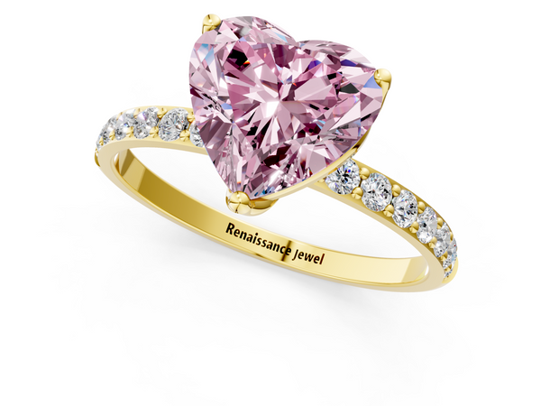 Yellow gold Fancy Pink Heart Cut Diamond Solitaire Engagement Ring with Round  Pavé Band and Prong Setting