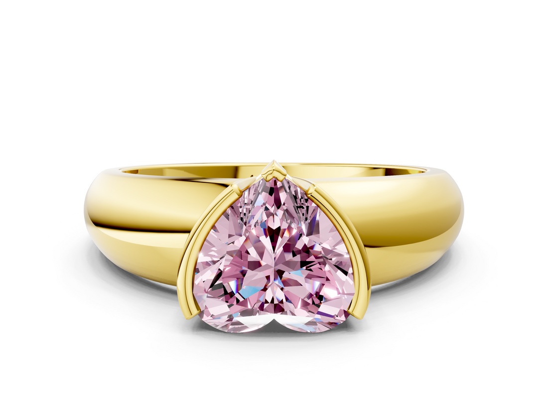 Yellow gold Fancy Pink Heart  Solitaire Tension Set Diamond Ring with Wide Band_37