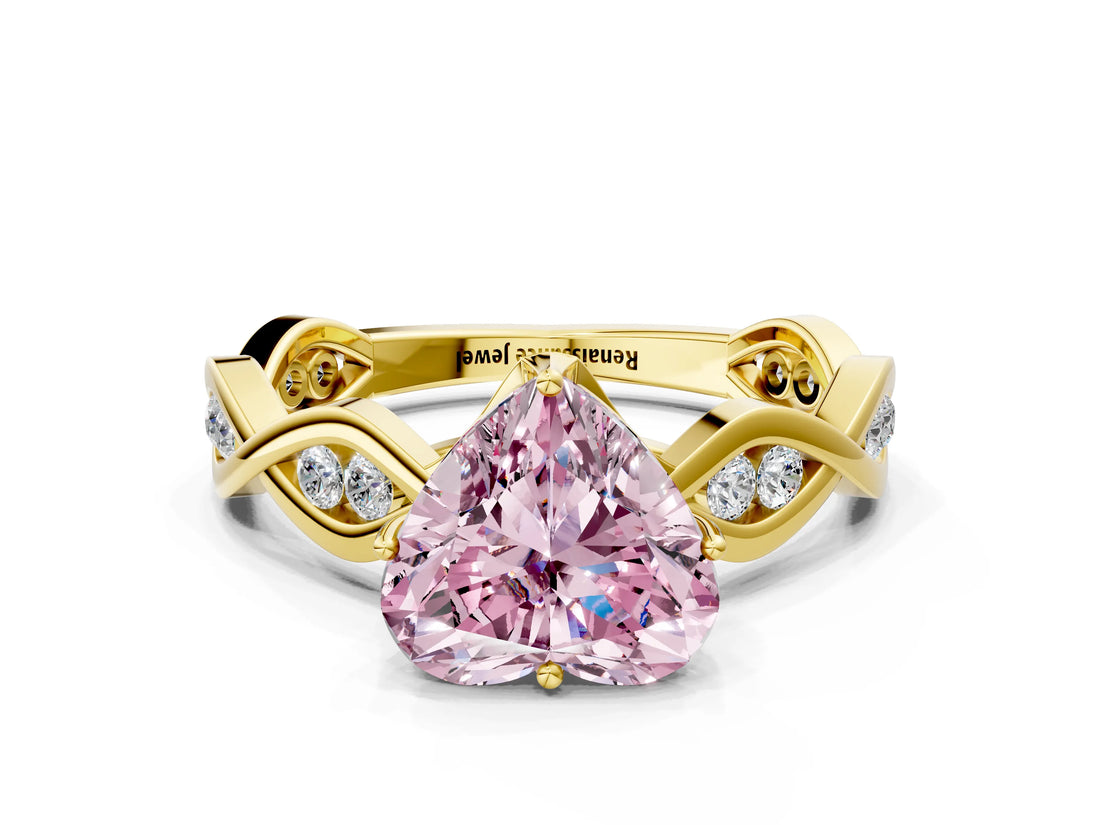 Yellow gold Fancy Pink Heart  Solitaire Twist Band with Leaf Prong Setting