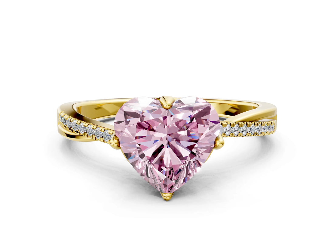 Yellow gold Fancy Pink Heart  Solitaire Twist Band with Pavé Diamonds and Four-Prong Setting_53