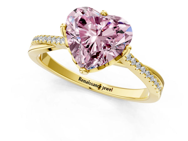 Yellow gold Fancy Pink Heart  Solitaire Twist Band with Pavé Diamonds and Four-Prong Setting