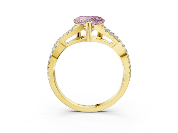 Yellow gold Fancy Pink Heart Cut Diamond Solitaire Ring with Four-Prong Setting and Twisted Pavé Band