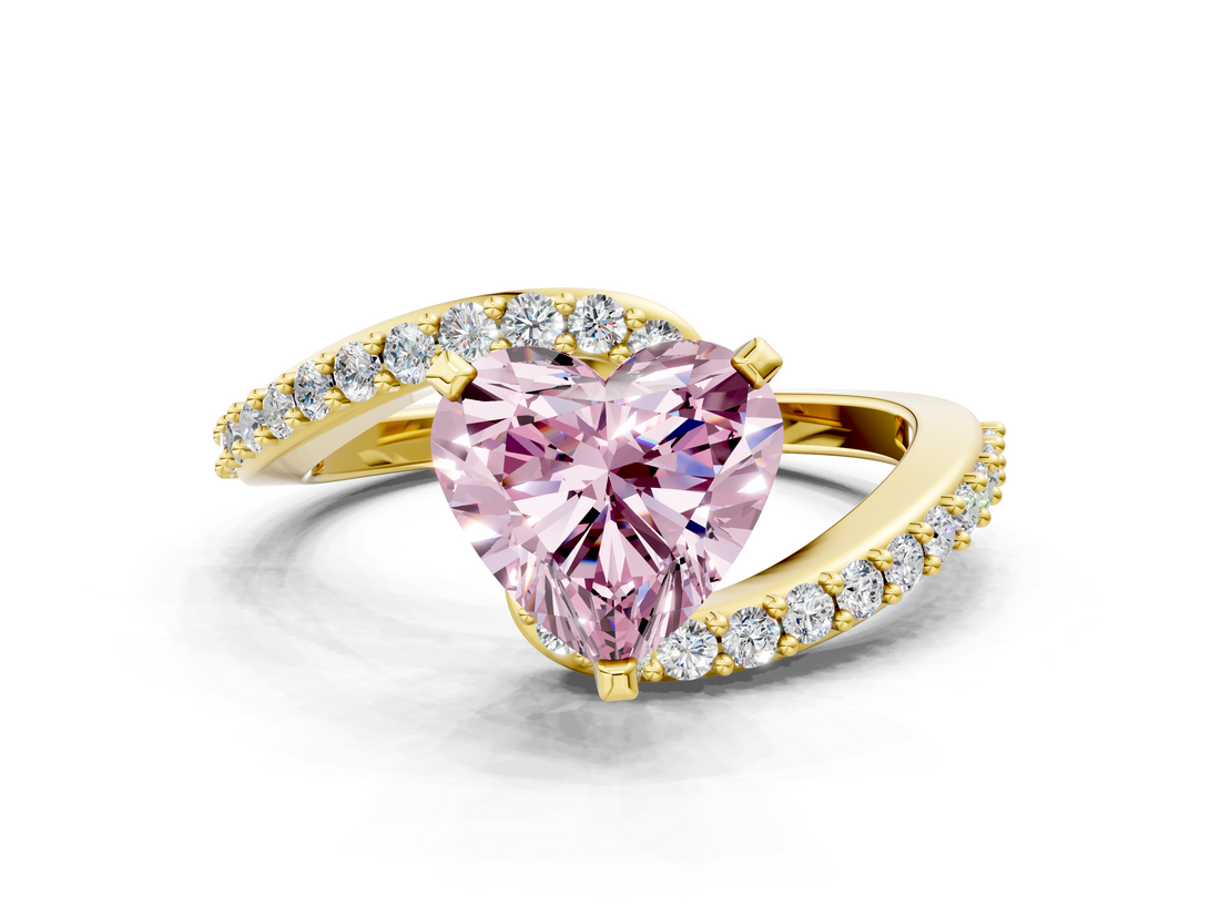 Yellow gold Fancy Pink Heart  Solitaire Twist Band with Pave Set Diamonds and Four-Prong Setting_91