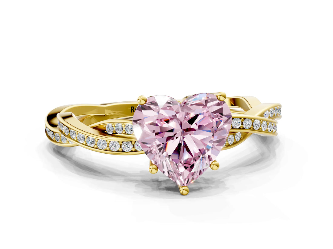 Yellow gold Fancy Pink Heart  Solitaire Twisted Pave Diamond Ring with Four-Prong Setting_79
