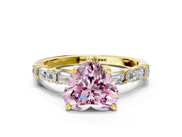 Yellow gold Fancy Pink Heart Cut Diamond Solitaire with Side Baguettes and Channel Set Band