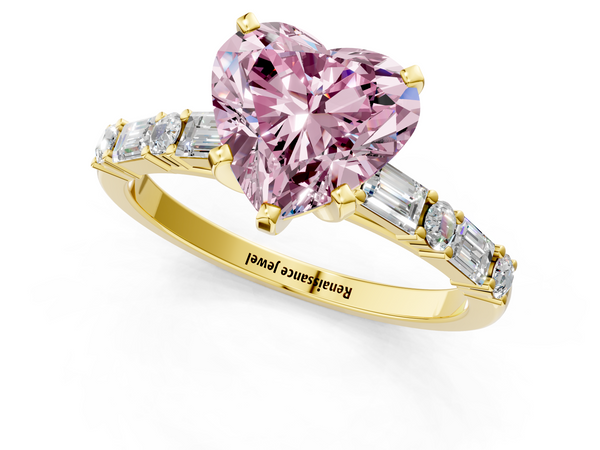 Yellow gold Fancy Pink Heart Cut Diamond Solitaire with Side Baguettes and Channel Set Band