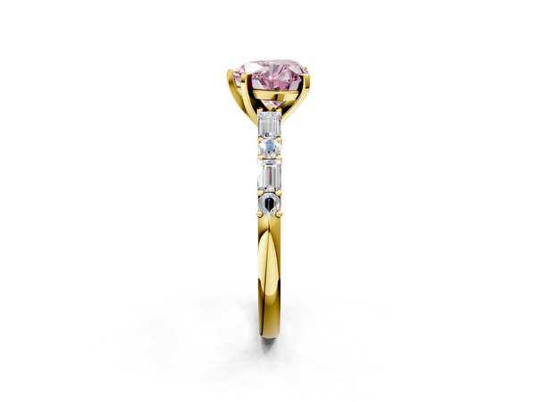 Yellow gold Fancy Pink Heart Cut Diamond Solitaire with Side Baguettes and Channel Set Band