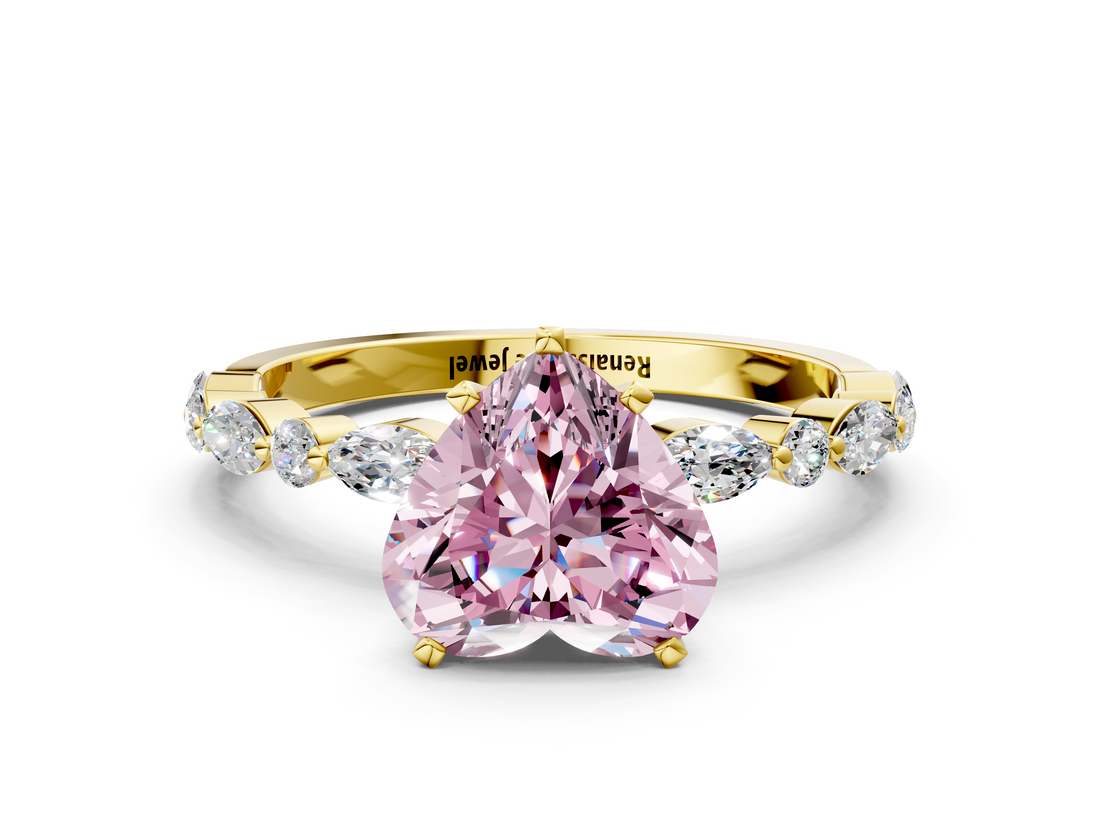 Yellow gold Fancy Pink Heart  Solitaire with Side Stones on a Pavé Band and Four-Prong Setting_23