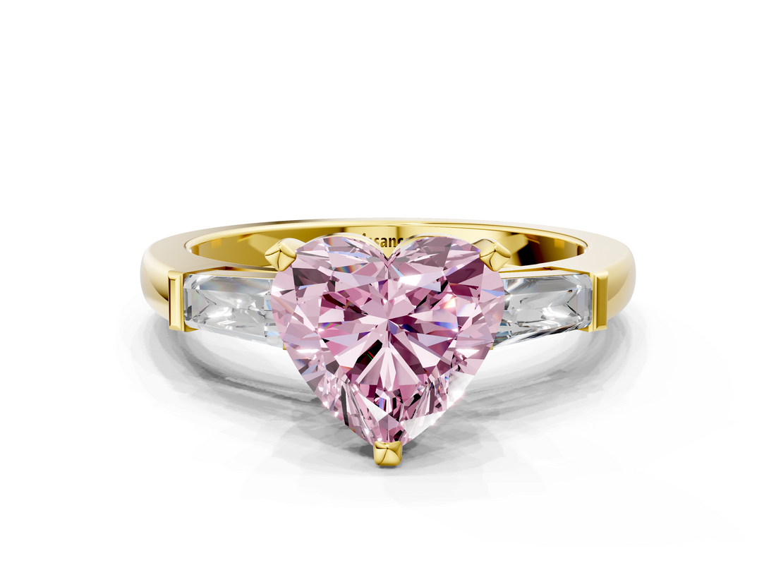Yellow gold Fancy Pink Heart  Solitaire with Tapered Baguette Side Stones on a Classic Band with Four-Prong Setting_78