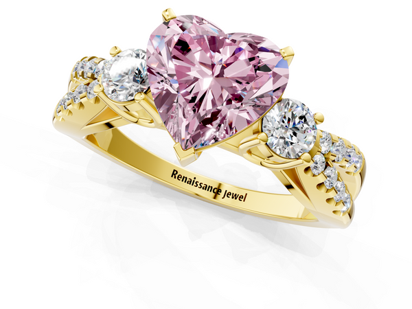 Yellow gold Fancy Pink Heart Cut Diamond Three-Stone Ring with Pavé Split Shank and Four-Prong Setting