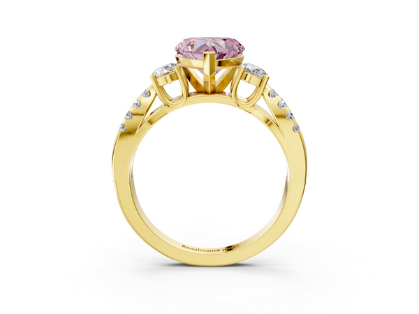 Yellow gold Fancy Pink Heart Cut Diamond Three-Stone Ring with Pavé Split Shank and Four-Prong Setting