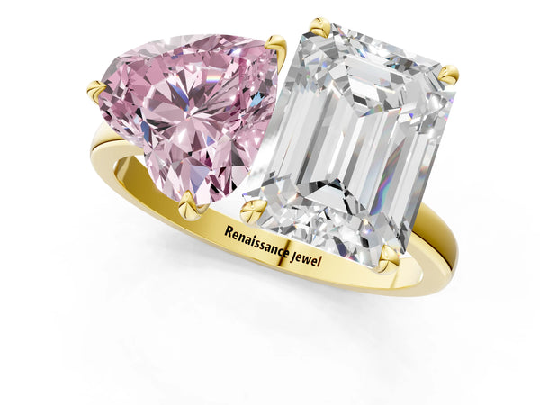 Yellow gold Fancy Pink Heart  and Emerald Cut Toi Moi Ring with Prong Setting