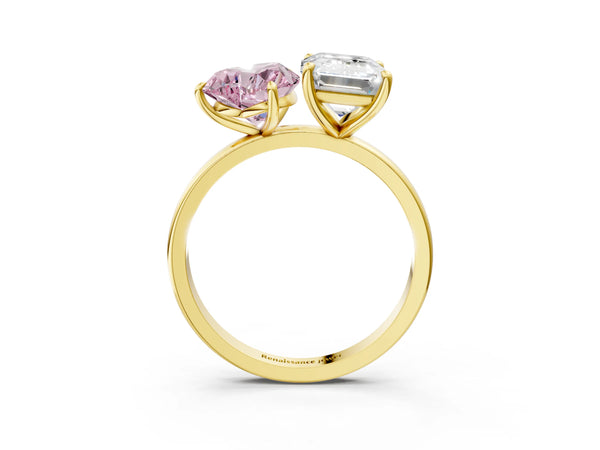 Yellow gold Fancy Pink Heart  and Emerald Cut Toi Moi Ring with Prong Setting