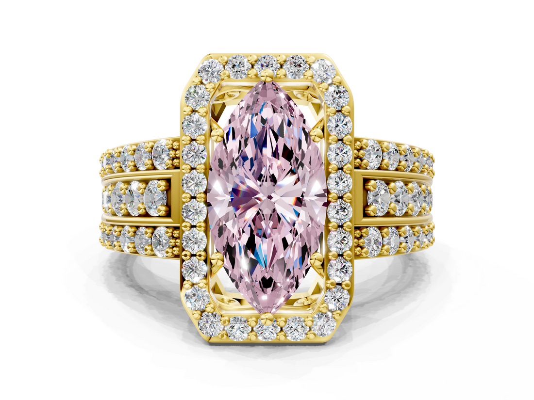 Yellow gold Fancy Pink Marquise -Cut Halo Diamond Ring with Split Shank and Four-Prong Setting_71