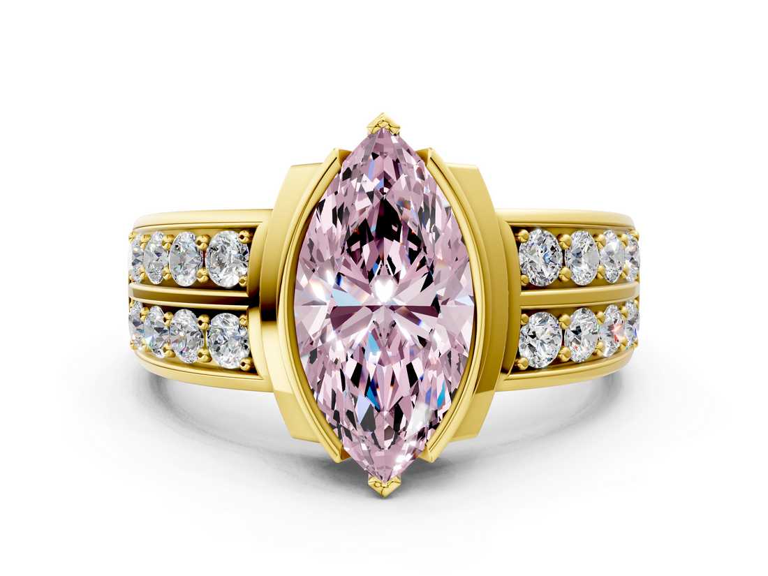 Yellow gold Fancy Pink Marquise  Brilliant Diamond Channel Set Wide Band Ring with Bezel Setting_21