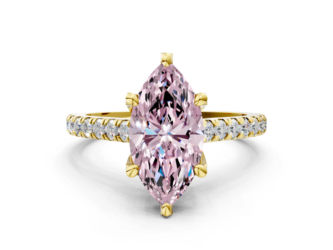 Yellow gold Fancy Pink Marquise  Brilliant Diamond Solitaire with Pavé Band and Four-Prong Setting